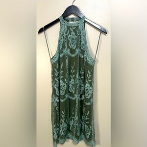 Cloud Ten Green and Slate Blue Lace Halter Dress with Scalloped Detail Size S